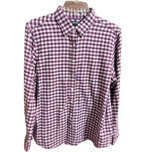 Lands End Womens 14P Purple White Gingham Plaid Button Down Shirt  Long Sleeve